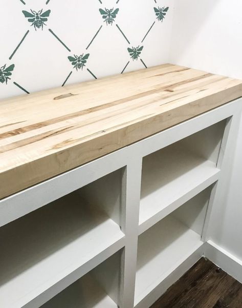 Pantry Base Cabinet Ideas, Butcher Block Countertops In Pantry, Pantry Design With Countertop, Diy Pantry With Countertop, Butcher Block Closet Shelves, Diy Pantry Shelves With Counter, Pantry Butcher Block Counter, Rustic Pantry Shelves, Butcher Block Pantry Counter