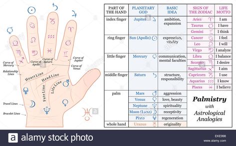 Palmistry Astrology Analogy Chart - planetary gods and zodiac signs along with their basic ideas and life mottoes. Stock Photo Crystal Meanings Charts, Reflexology Foot Chart, Palmistry Hand, Reflexology Chart, Life Motto, Palm Reading, Astrology Signs, Powerpoint Presentation, Zodiac Signs