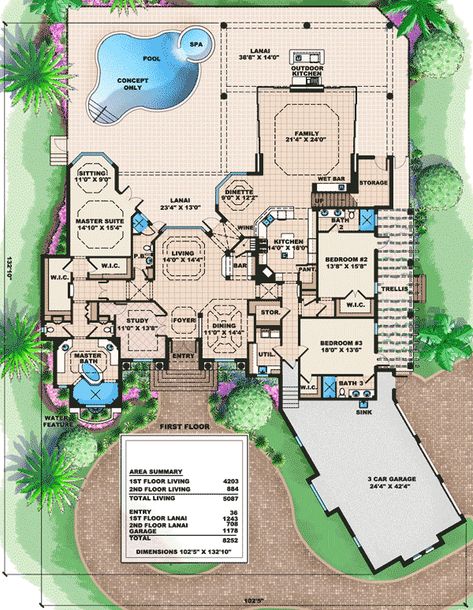 This beautifully designed Tuscan style house plan features four oversized bedrooms and a bonus room that has the possibility of an exercise room, hobby room, or game room. The family room has two sets of zero-corner sliders which allows the entire room to be opened up with no boundaries to the outside. This feature is great for entertaining! The wine cellar is conveniently located next to the wet bar. You will enjoy relaxing at the end of the day in the master sitting area that has a seamless wi Mexican Hacienda Floor Plans, Hacienda Floor Plans, Elevation Details, House Types, Tuscan House Plans, Mexican Hacienda, Library Study, House Plans Mansion, Mediterranean House Plans