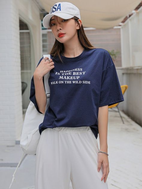 Navy Blue Casual  Half Sleeve Cotton Slogan  Embellished Slight Stretch Summer Women Tops, Blouses & Tee Navy Blue Tshirt Outfit, Blue Tshirt Outfit, Navy Blue Tshirt, Oversized Tee Outfit, Outfit Sport, Navy Outfit, Drop Shoulder Tee, Quote Design, Casual Suit