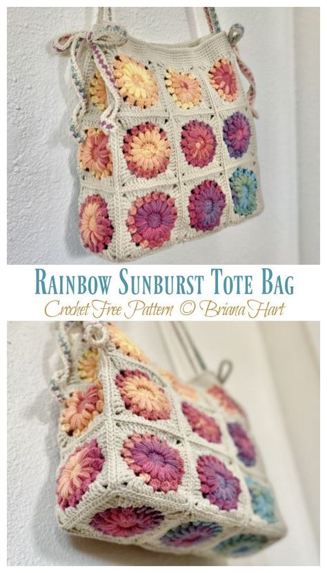 Rainbow Sunburst Tote Bag Crochet Free Pattern Crotchet Bags Patterns Free, Tote Bag Pattern Crochet, Crochet Purse Ideas, Tote Bag Rajut, Free Crochet Tote Bag Patterns, Granny Square Crochet Bag Pattern Free, Crochet Squares Bag, Crochet Tote Bag Tutorials, Tote Bag Crochet Pattern Free