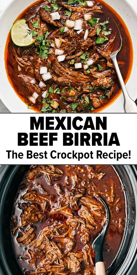 Mexican beef birria crockpot recipe Birria Crock Pot Recipes, Beef Shoulder Roast Recipes Mexican, Birria Crockpot Beef, Stew Beef Tacos, Best Family Crockpot Meals, Beef Chunks Crockpot Recipes, Crockpot Beef Birria, Recipe With Stew Beef, Slow Cook Beef Tacos