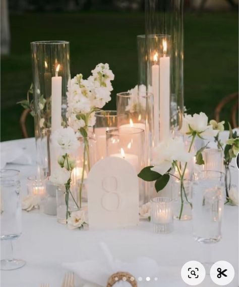 White Candles Wedding, Flameless Candles Wedding, Candlestick Centerpiece Wedding, White Wedding Flowers Centerpieces, Candle Table Centerpieces, Candle Lit Wedding, Candle Wedding Centerpieces, Wedding 2025, Table Styling