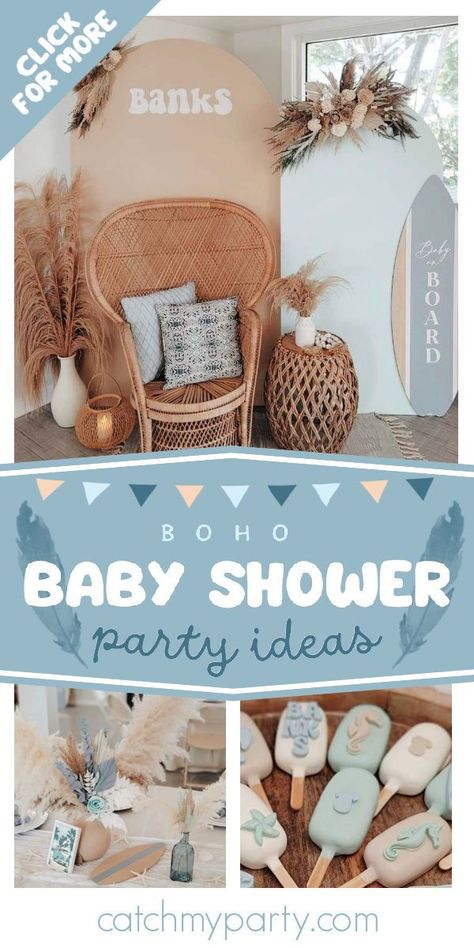 Feast your eyes on this gorgeous boho baby shower! The cakecicles are delightful! See more party ideas and share yours at CatchMyParty.com Baby Boy Boho Shower Ideas, Blue Boho Baby Shower Ideas, Boho Baby Boy Shower Ideas, Boho Baby Shower Ideas Boy, Boho Boy Baby Shower Ideas, Bohemian Baby Shower Ideas, Boho Baby Boy, Baby Shower Party Planning, Baby Boy Shower Party