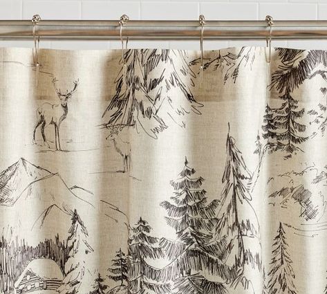 Shower Curtains, Shower Liners & Shower Accessories | Pottery Barn Rustic Forest Pottery Barn, Shower Curtain Fabric, Neutral Cozy Bathroom, Boy Bathroom Shower Curtain, Rustic Cabin Window Treatments, Cozy Bathroom Shower Curtains, Winter Shower Curtain, Dark Floral Shower Curtain, Rustic Shower Curtain Ideas