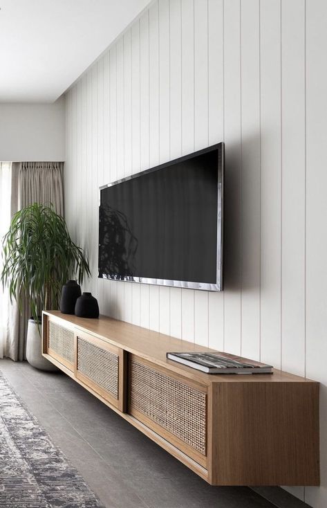 Skandinavia Interiors, Mid Century Built Ins Tv, Modern Organic Living Room Tv, Tv Unit Wall Design Living Room, Off Center Tv Wall, Scandinavian Living Room Tv, Japandi Tv Wall, Accent Tv Wall, Scandinavian Tv Unit