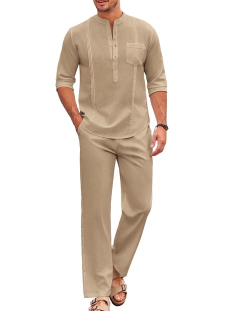 PRICES MAY VARY. 49%rayon 36%polyester 15%nylon Imported Button closure Machine Wash [Premium Fabric] COOFANDY Men cuban guayabera outfits are made of great fabric, comfortable, breathable and lightweight, keeps you feeling cool and relaxed. The two piece outfits signals the start of holiday! [Fashion Guayabera Set] Men's 2 piece cotton linen set is a combo of henley shirt and elastic waist pants, featuring band collar, 5 buttons, chest pocket,cuban style,long sleeve, elastic waist with drawstring, two side pockets. It's not only a combo, the shirt and the pant can be also worn separately. The simple and classic design makes it never be out of fashion. [Matching] The men’s button down henley shirts can match with shorts, pants, trousers or jeans. The casual pants can match with t-shirts, t Cotton Linen Shirts For Men, Guayabera Shirt Outfit, Linen Shirt And Pants Men, Men’s Linen Shirt, 2 Piece Outfit For Men, 2 Piece For Men, Men 2 Piece Outfit, Linen Men Outfit, Linen Clothes Men