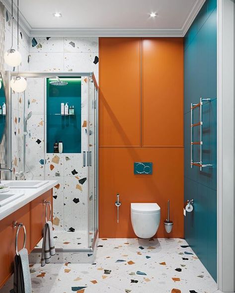 Terrazzo Bathroom, Small Full Bathroom, Colorful Bathroom, Small Bathroom Colors, Full Bathroom Remodel, Modern Style Bathroom, Restroom Design, Orange Bathrooms, Bathroom Color Schemes