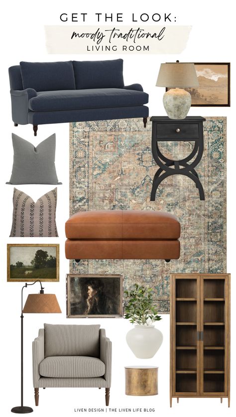 Get The Look: Moody Traditional Living Room — LIVEN DESIGN Moody Farmhouse Interior, Moody Modern Farmhouse, Moody Traditional, Living Room Moody, Wood Display Cabinet, Modern Traditional Living Room, Earth Tone Living Room, Blue Sofa Living, Moody Living Room