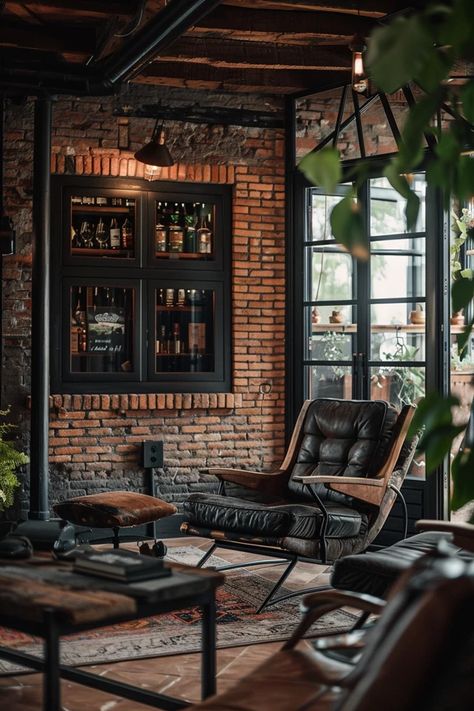 Warehouse Apartment Industrial, Industrial Small Living Room, Industrial Small House, Industrial Moodboard, Small Man Cave Ideas, Coffee House Interiors, Industrial Style House, Dream Man Cave, Industrial Man Cave