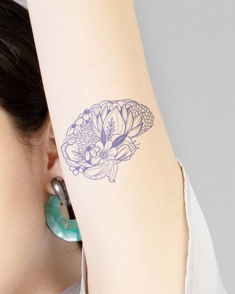 Brain Tattoo With Flowers, Brain Flower Tattoo, Flower Brain Tattoos, Brain With Flowers Tattoo, Neuro Tattoo, Brain Tattoo Ideas, Brain And Flowers, Brain With Flowers, Brain Flowers