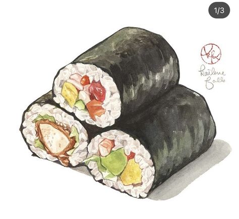 Korean Food Painting, Sushi Drawing Illustration, Japanese Food Sketch, Kimbap Illustration, Korean Food Illustration Art, Kimbap Drawing, Korean Food Drawing, Japanese Food Drawing, Korean Food Art