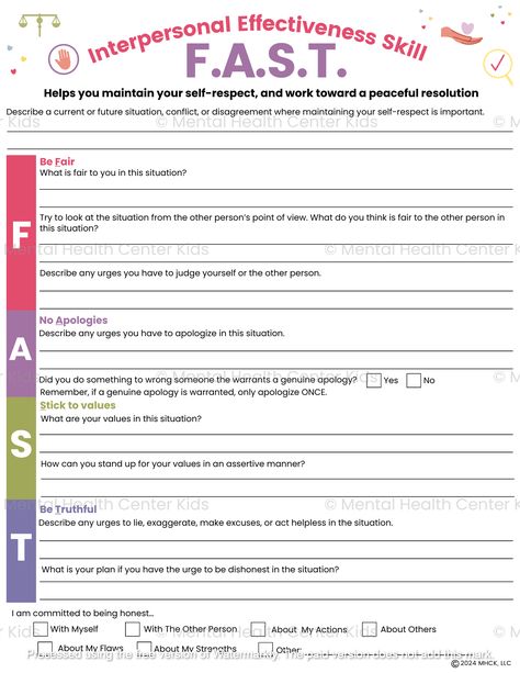 The DBT FAST skill is a self-respect interpersonal effectiveness skill that stands for (being) Fair, (no) Apologies, Sticking to your values, and (being) Truthful. This skill focuses on achieving a healthy respect for oneself by not compromising your beliefs and values. Without this it can result in resentment and bitterness. The FAST skill helps in maintaining your moral integrity without apologizing for it. The FAST DBT Worksheet includes two worksheet activities where clients can reflect on a past, current, or future situation where the FAST skills are necessary. For example, one activity asks them to consider the situation from the other person’s perspective and try to identify what is fair. A client can also assess their commitment to being honest with themselves or their actions. The Fast Skills Dbt, Dbt Worksheet Activities, Dbt Skills Worksheets Free Printable, Dbt Group Activities, Dbt Worksheet, Dbt Activities, Dbt Skills Worksheets, Life Coaching Worksheets, Coaching Worksheets