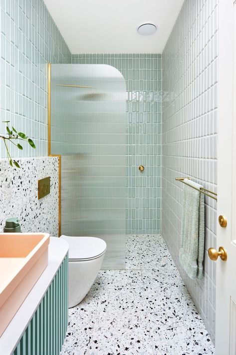 Sage Green Terrazzo Bathroom, Small Bathroom With Tiled Walls, Sage Terrazzo Bathroom, Bright Ensuite Bathroom, Combined Bathroom Laundry Layout, Bathroom Tiling Designs, Small Bright Bathroom Ideas, Bathroom Feature Tile, Bright Colour Bathroom Ideas