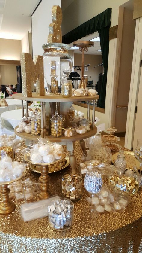 Gold Table Decorations Party Ideas, 50th Anniversary Dessert Table Ideas, 50th Anniversary Dessert Table, Gold Candy Table Ideas, White And Gold Candy Table, 50th Anniversary Candy Table, Golden Wedding Anniversary Ideas Decor Table Decorations, 50th Anniversary Party Ideas Parents Gold Table Decorations, 50 Anniversary Candy Bar