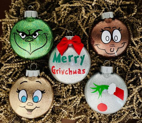 Grinch Wreath Ornaments, Grinch Themed Ornaments Diy, Grinch Themed Ornaments, Max From Grinch Ornament Diy, Cricut Christmas Ornaments Grinch, Cindy Lou Ornaments Diy, Grinch Max Ornaments Diy, Hand Painted Grinch Ornament, Grinch Glitter Ornament