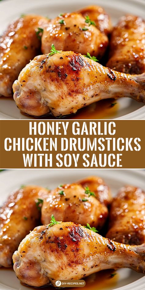 This honey garlic chicken drumsticks recipe uses soy sauce, honey, and garlic for a rich, flavorful glaze. Easy and delicious for family dinners! Honey Garlic Chicken Drumstick Recipes, Honey Garlic Chicken Legs Baked, Honey Glazed Chicken Drumsticks, Recipes For Drumstick Chicken, What To Make With Chicken Drumsticks, Chicken Drumsticks Recipes For Dinner, Chicken Drumstick Recipes Stovetop, Recipes For Chicken Drumsticks, Crockpot Chicken Drumstick Recipes