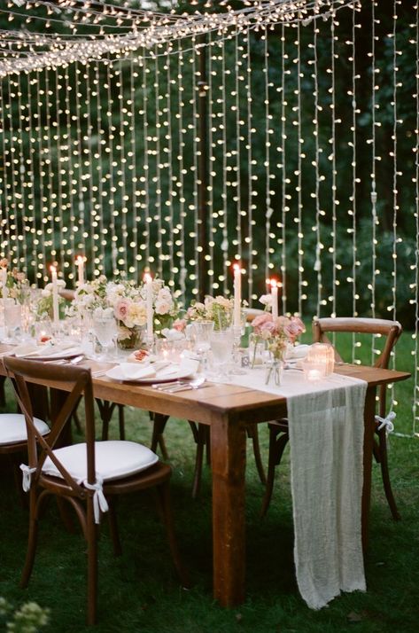 Small Backyard Wedding Reception At Home, House Wedding Ideas Small, Garden Party Theme Wedding, Minimal Backyard, White Lights Wedding, Massachusetts Elopement, Night Wedding Ceremony, Outdoor Night Wedding, Wedding Reception At Home