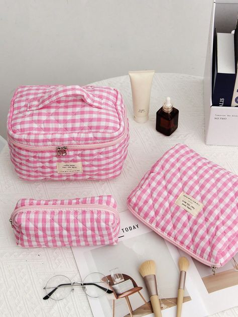 1 Piece Plaid Women Makeup Bag Travel Zipper Cosmetic Bag Storage Pouch Cute Gingham Toiletry Bag Large Capacity Make Up Organizer Travel Makeup Storage Bag With Handle Multifunctional Storage Bag Portable Toiletries Travel Storage Bag, Handheld Bag, Minimalist Jewelry Storage Bag, Cosmetic Zipper Storage Bag Perfect For Outdoor Travel, Cute Handbag Portable Cosmetics Brush Storage Clutch With Zipper Closure For Small Items Storage Makeup Organizer Pink    Polyester Letter,Plaid,Plain Single Lay Make Up Pouches, Diy Clothes Hacks, Cute Handbag, Cute Makeup Bags, Makeup Bag Travel, Zipper Storage, Make Up Pouch, Brush Storage, Bag Minimalist