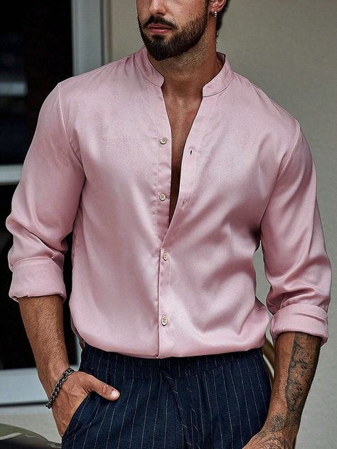 Manfinity Homme Men Solid Button Front Shirt Without Tee | SHEIN USA Purple Shirt Outfits, Rose Gold Shirt, Pink Shirt Outfit, Pink Shirt Men, Blush Pink Top, Light Pink Shirt, Shirt Outfit Men, Outfits Hombre, Silk Shirt Dress