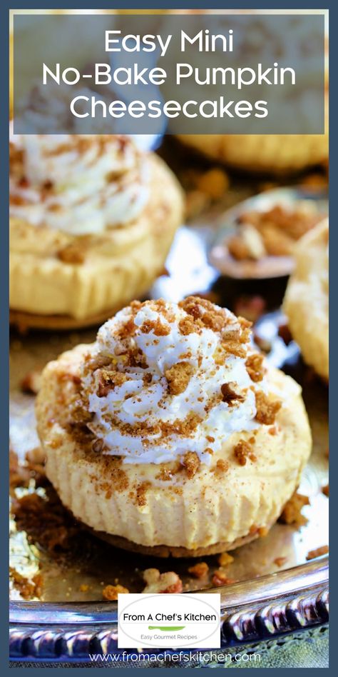 Your guests will think you really fussed with these Mini No-Bake Pumpkin Cheesecakes! Individual creamy, dreamy pumpkin cheesecakes are topped with sweetened whipped cream and a gingersnap cookie topping. They're super simple, so impressive and versatile! 2023 Desserts, Pumpkin Cheesecakes, Cheesecake With Whipped Cream, Mini Pumpkin Cheesecake, No Bake Pumpkin, Sweet Whipped Cream, Bake Pumpkin, No Bake Pumpkin Cheesecake, Savory Pumpkin Recipes