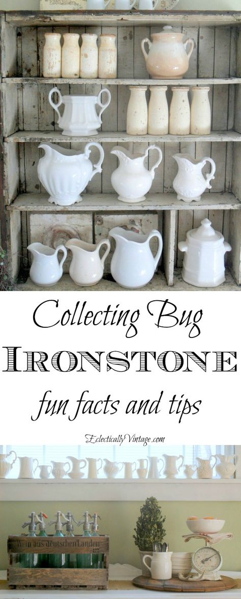 Collecting Ironstone kellyelko.com Ironstone Platter Display, Pitcher Collection Display, Decorating With Antique Crocks, Ironstone Display, Southern Eclectic Decor, California Eclectic Decor, White Pitchers, Ironstone Collection, Boho Eclectic Decor