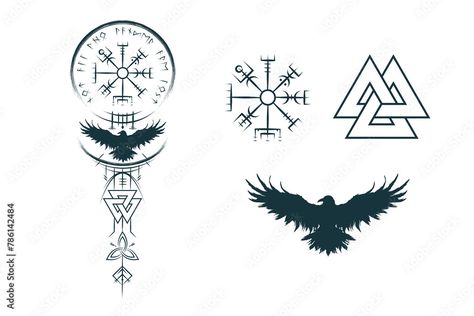 Viking symbols and runes isolated set. Scandinavian  vector illustration of vegvisir, triquetra, valknut and raven for print, tattoo, web and t-shirt design Stock Vector Scandinavian Tattoo Vikings, Vegvisir Tattoo Design, Vegvisir Tattoo, Viking Symbols, Celtic Knot, Runes, Print Tattoos, T Shirt Design, Shirt Design