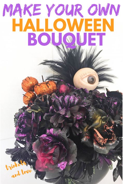 Halloween Flower Arrangements, Halloween Bouquet, Flower Pumpkin, Diy Flower Boxes, Fake Flower Bouquet, Dollar Tree Halloween, Spooky Halloween Party, Halloween Flowers, Halloween Porch Decorations