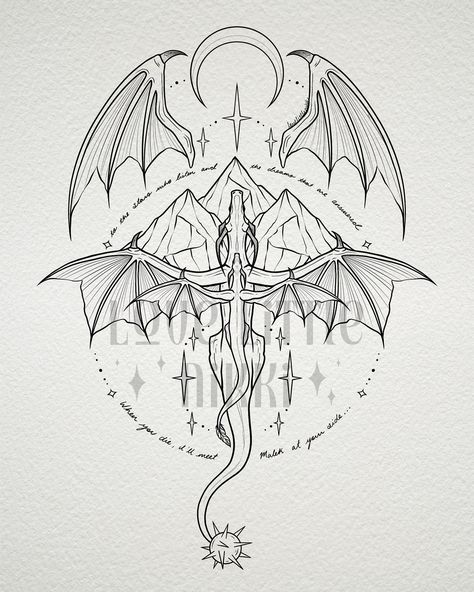 “…and the dreams that are answered” 🦇🌟 such a massive piece for Kate! Absolutely love this ACOTAR x Fourth Wing piece, so many wings in this bookish tattoo 🖤 #acotar #fourthwing #tattooart Fantasy Tattoo Ideas Mythical Creatures, Unique Acotar Tattoos, Powerless Tattoo Ideas, Bat Wings Acotar, Iron Flame Tattoo Ideas, Fourth Wing And Acotar Tattoo, Feminine Spine Tattoos For Women, Fourth Wing Acotar Tattoo, The Fourth Wing Tattoo