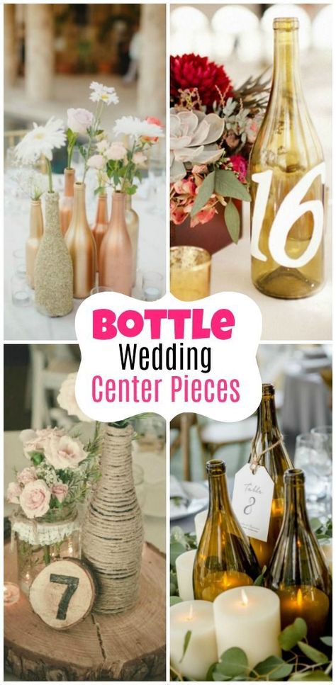 DIY Bottle Wedding Center Pieces. Be creative with wine bottles for your wedding. Wine themed wedding and bottle wedding decor. Wedding Decorations With Wine Bottles, Diy Glass Bottle Wedding Decor, Repurpose Wine Bottles Wedding, Decorate Wine Bottles For Wedding, Wine And Beer Bottle Centerpieces, Wedding Centerpieces Bottles, Rustic Wine Bottle Centerpieces, Lighted Wine Bottle Centerpieces, Wedding Centerpieces With Bottles