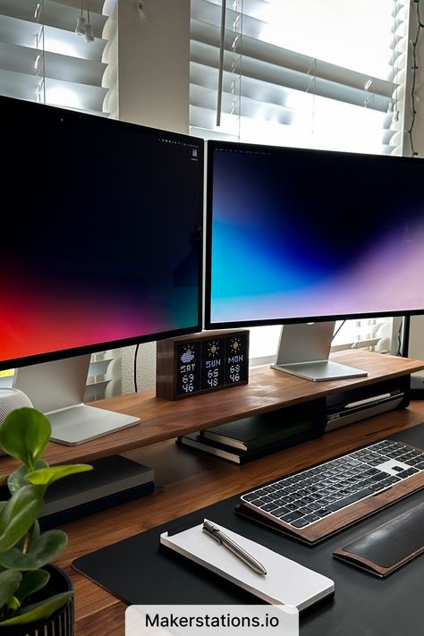 Standing Desk Setup Window Facing Desk, Desk Setup In Front Of Window, Desk Setup Dual Monitor, Desk Facing Door, Desk Facing Window, Work Office Makeover, Apple Studio Display, Home Desk Setup, Desk Minimalist