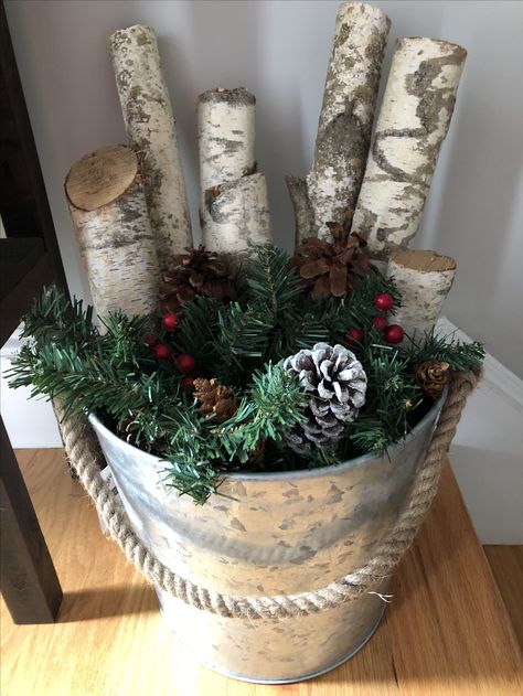 Birch Christmas Bucket, Christmas Tree In Tin Bucket, Birch Tree Branches In Pot, Christmas Tree Tin Bucket, Christmas Tree Cuttings Decor, Birch Logs In Basket Christmas Decor, Silver Bucket Decor Ideas, Birch Wood Christmas Decor, Galvanized Bucket Decor Christmas