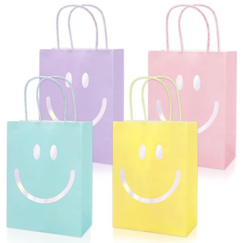 PRICES MAY VARY. PACKAGE INCLUDES: You will receive 16 packs of party favor bags in 4 different designs, each design has 4 packs, sufficient quantity can meet your various needs for daily use and party favors. DELICATE DESIGN: Taking fresh colors as the background, such as purple, pink, green and yellow, patterned with silver smile face, delicate and attractive, suitable for various occasion needs. DURABLE MATERIAL: The gift bags are made of paper, designed with portable and strong handles, easy Pastel Party Favors, Preppy Smiley Face Birthday Party, Summer Goodie Bags, Birthday Party Gift Bag Ideas, Summer Bachelorette, Preppy Birthday Gifts, Bags For Summer, Preppy Birthday, Preppy Party