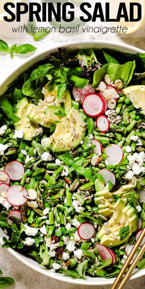 Spring Green Salad - Carlsbad Cravings Garden Party Salad, Spring Salads For Dinner, Green Veggie Salad, Fresh And Healthy Recipes, Spring Pea Salad Recipes, Healthy Spring Salads, Spring Dinner Salad, All Green Salad, Spring Seasonal Recipes