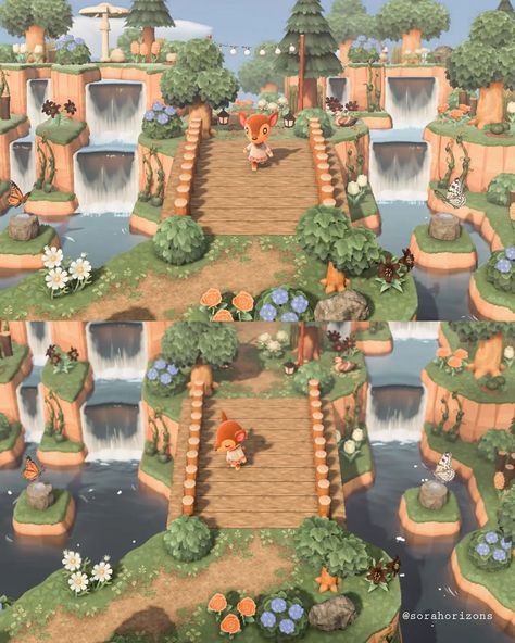 Animal Crossing Fake Bridge, Acnh Hidden Area, Acnh Nook Cranny Ideas Fairycore, Acnh Stairs Ideas, Animal Crossing Land Bridge, Animal Crossing Incline Ideas, Land Bridge Acnh, Acnh Double Incline, Animal Crossing Island Inspiration Town Square