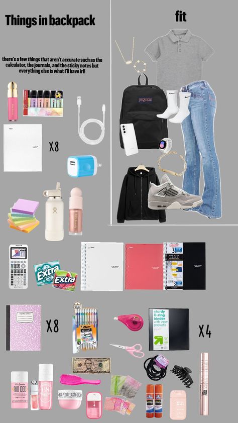 This is my irl back to school fit and what I will put in my backpack irl! #fyp #blowup #follow #backtoschool Back To School Cloths List, How To Pack A Backpack For School, Senior Year Backpack Essentials, What To Put In Ur Backpack, School Outfits With Backpack, What's In My Backpack School, What To Keep In Backpack, Stuff To Put In Your Backpack For School, What S In My Backpack