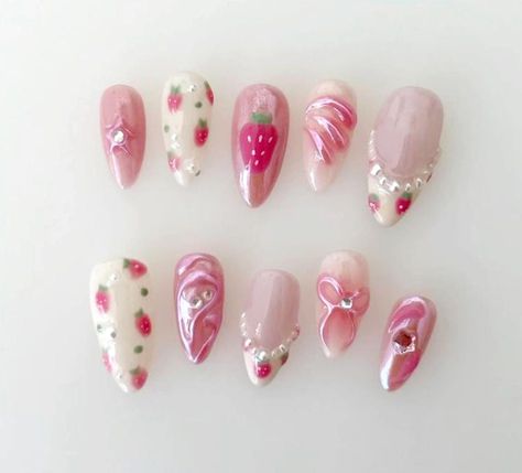 Greetings and welcome to my store. Hope you find a style you like . 𝐌𝐚𝐭𝐞𝐫𝐢𝐚𝐥: I only work with high quality materials to create sturdy & long-lasting luxury press on nails that you can trust on. My nails will last for: 1- 2 days using adhesive tab (provided with the nail set) 2- 3 weeks using nail glue. You can reuse all of the nails multiple times if you take care of them.  𝐒𝐢𝐳𝐞: XS : 14mm, 11mm, 12mm, 10mm, 8mm S: 15mm, 12mm, 13mm, 11mm, 8mm M: 16mm, 12mm, 13mm, 11mm, 9mm L: 18mm, 13mm, 14mm, 12mm, 10mm If you would like a custom size, please fill out the personalization section under the product options. I'm happy to help you measure your nail size if you're not sure how. All of my nails are handmade and customized to fit your size. Please note that I can make any size and a Acrylic Design Nails, Strawberry Nails, Luxury Press On Nails, Anime Nails, Acrylic Design, Pretty Gel Nails, Really Cute Nails, Party Nails, Jelly Nails