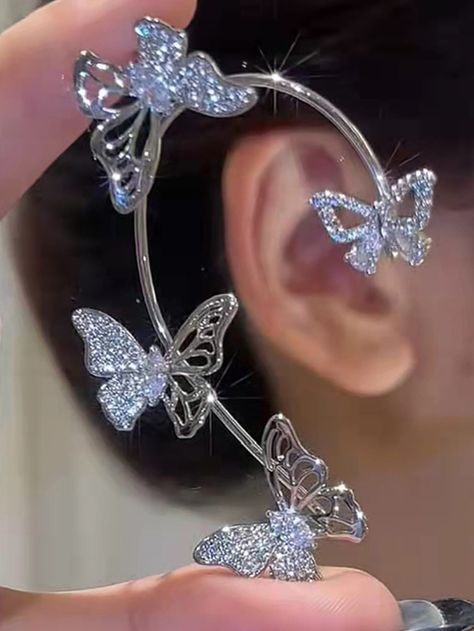 Silver Glamorous   Zinc Alloy  Ear Cuff Embellished   Jewelry Teen Earrings, Tassel Earing, Butterfly Decorations, Butterfly Shape, Butterfly Earrings, Sparkling Crystal, Butterfly Design, Earring Gifts, Crystal Earrings