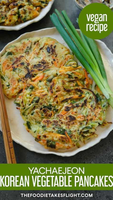 Korean Vegetable Pancakes Vegan, Healthy Veggie Pancakes, Veggie Pancakes Recipe, Asian Vegetable Dishes, Korean Pancake Recipe Vegetables, Vegan Korean Pancakes, Asian Vegetable Pancakes, Korean Vegetable Pancakes Recipes, Korean Vegetable Recipes