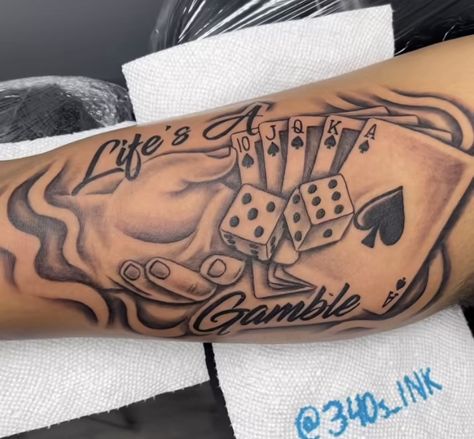 Life S A Gamble Tattoo, Men’s Quarter Sleeve Tattoo, Stencil Tattoo Ideas Men Forearm, Respect The Past Create The Future Tattoo, Jail Tattoos Ideas, Tattoo Ideas For Men Bicep, Life Is A Gamble Tattoo, Jackpot Tattoo, Gambler Tattoo