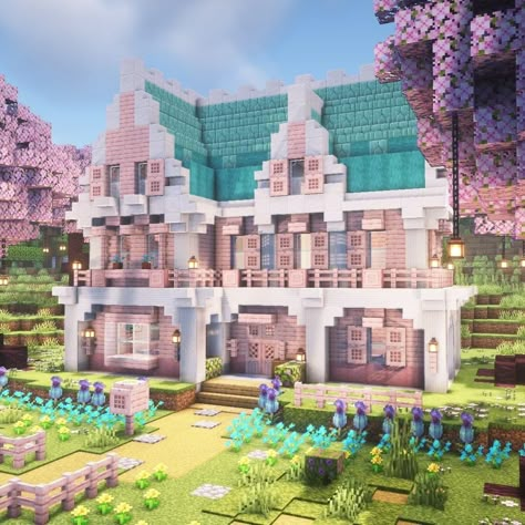 Pink And Blue Minecraft House, Star Minecraft House, Minecraft Calcite House, Minecraft House No Mods, Minecraft Mermaid House, Awesome Minecraft Houses, Minecraft Sakura House, Pink Mansion, Pink Minecraft House