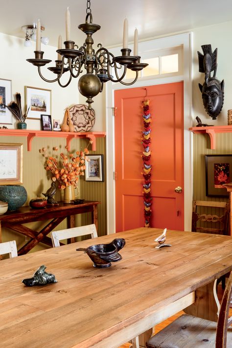 The dining room’s high beadboard wainscoting strikes a traditional note amid exotic artifacts. Beadboard Wainscoting Kitchen, Kitchen Wainscoting, Beadboard Living Room, Beadboard Dining Room, French Farm Table, Painted Beadboard, Beadboard Wall, Wainscoting Ideas, Wainscoting Kitchen