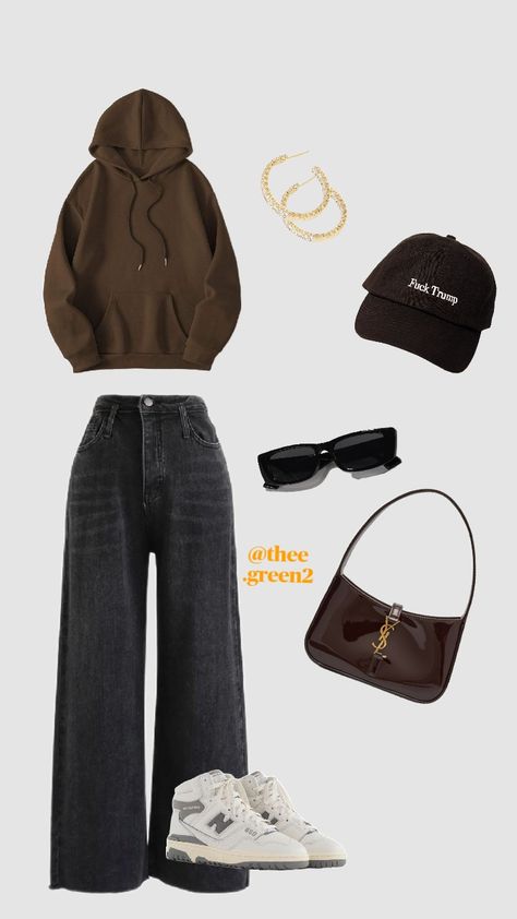 #outfitinspo #outfitideas #hoodie #baggyjeans Outfits With Brown Hoodie, Brown Hoodie Outfit Woman, How To Style Black Sweatpants, Brown Hoodie Outfit, Brown Leggings Outfit, Hoodie And Leggings Outfit, Hoddies Outfits, College Dress, Black Baggy Jeans