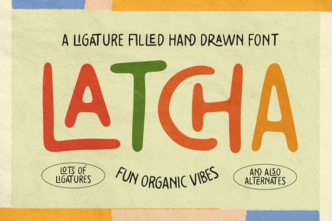 Latcha is a fun ligature filled sans serif typeface by Hustle Supply Co. With plenty of hand drawn imperfections, latcha is perfect for designs that are playful and organic.Latch could be great for your next poster design, packaging design or branding p… Hand Drawn Packaging Design, Funky Type Design, Hand Drawn Type Poster, Organic Typeface, Fun Typeface, Thick Fonts, Playful Typeface, Fun Typography Design, 2024 Tattoo