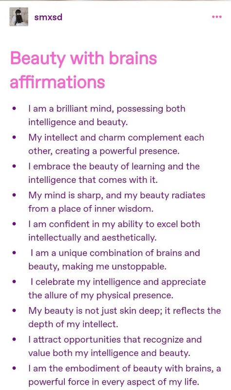 Beauty And Brains Affirmations, Beauty With Brain Affirmations, Hobbies Affirmations, Brain Affirmations, Student Affirmations, Beauty Affirmations, Selfcare Skincare, Affirmation Board, Practicing Self Love