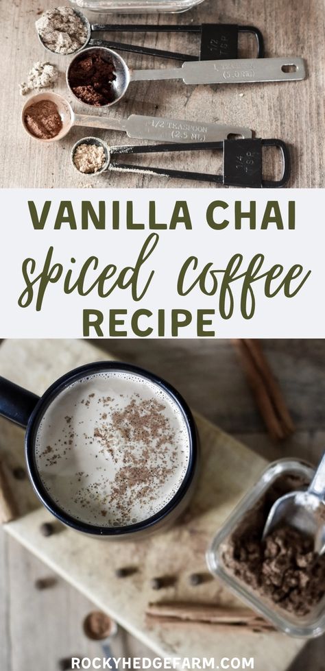 Homemade Chai Tea Recipe Spice Mixes, Chai Creamer Recipe, Chai Coffee Creamer Recipe, Chai Coffee Syrup, Chi Coffee Recipe, Coffee With Spices, Spice Blends For Coffee, Spiced Coffee Recipe, Chia Coffee Recipe