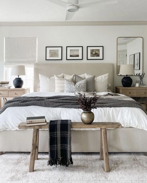 Taupe And White Bed, Bedroom Couples Ideas, Neutral King Bedroom, Beige And Gray Master Bedrooms, Greige Headboard Bedroom, Modern Bedroom Neutral Colors, Boucle Headboard Bedroom, Neutral Master Bedding Ideas, Transitional Bedroom Decor Master Suite