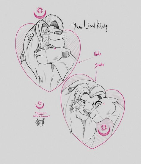 Lion King Couple Tattoos, Simba And Nala Tattoo Couple, Lion King Matching Tattoos, Lion Couple Drawing, Nala Tattoo Lion King, Disney Couples Drawings, Simba Tattoo Lion King, Disney Couple Drawings, Disney Couples Tattoos