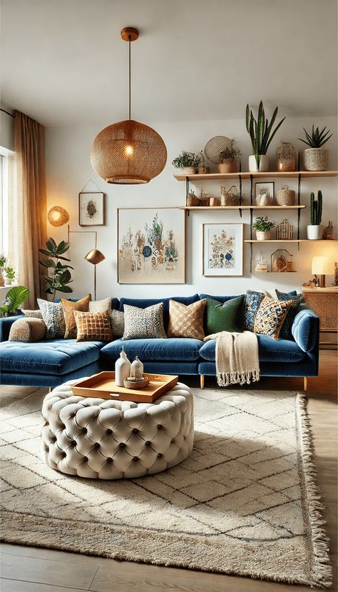 15 Blue Boho Living Rooms Navy Velvet Sofa Living Rooms Boho, Living Room Inspo Blue Couch, Grey Blue Couch Living Room Ideas, Dark Blue Couch Aesthetic, Blue Sofa Aesthetic, Royal Blue Couch Living Room Ideas, Dark Blue Couch Living Room, Blue Boho Living Room, Blue Couch Decor