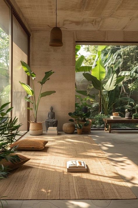 SAINT MARC Meditation Hall Design, Meditation Sunroom, Tropical Modernism Interior, Meditation Bali, Meditation Space Architecture, Modern Backyard Garden, Elevated Patio, Small Yoga Studio, Plant Sanctuary